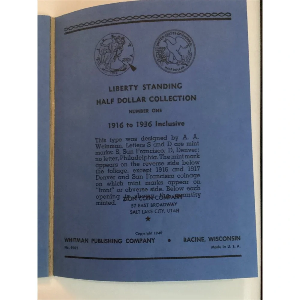 Whitman Coin Folder Liberty Standing Half Dollar 1916-1936 Blue New No. 9021